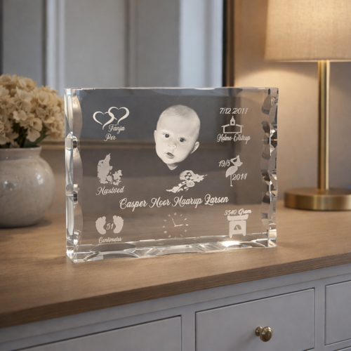 3d Dåbsglas med billede og tekst 17 x 13 x 3.5 cm.